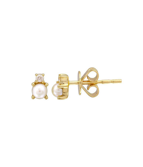 Prong Set Pearl and Single Diamond Studs - 14K